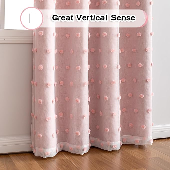 MYSKY HOME 90 Inches Long Curtains with Pink Pom Pom Sheer Nursery Curtain Girl Blackout Drapes for Kids Bedroom Double Layer Room Darkening Window Panels for Toddler Grommet, Pink, 52" Wide, 2 Pieces