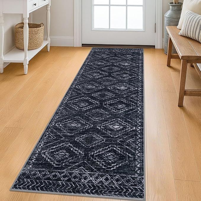 KILOCOCO Boho Kitchen Runner Rug 2x6 Washable Runner Rug, Soft Runners for Hallways Non Slip Printed Distressed Laundry Room Rug, Low-Pile Rug for Entryway/Bedroom/Living Room, Black/Navy
