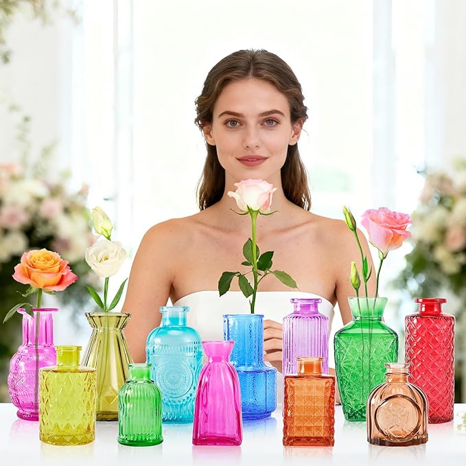 12 Pack Glass Bud Vases, Colorful Bud Vase Set, Colored Small Vases for Flowers, Mini Vintage Glass Flower Vase in Bulk for Centerpieces Wedding Home Office Table Party Decor