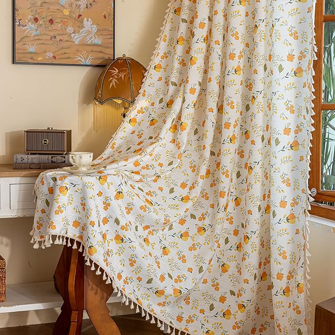 OYX Yellow Boho Pattern Floral Curtains 84 Inch Length 2 Panels for Living Room, Bedroom Light Filtering Drapes, Vintage Country French Tassels Patterned Rod Pocket Aesthetic Decor Window Treatments