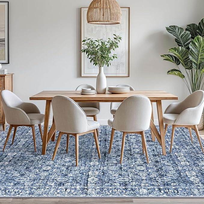8x10 Area Rug Blue, Vintage Floral Large Washable Rug for Living Room Non-Slip Ultra Soft Bedroom Rug Tribal Traditional Farmhouse Carpet for Dining Room Office Home Décor