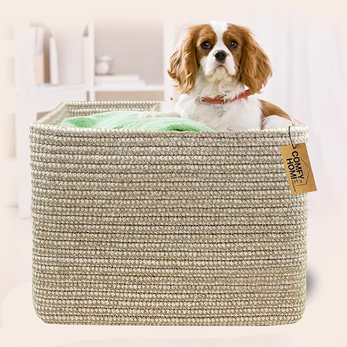 COMFY-HOMI Square Woven Cotton Rope Basket for Organizing, Gift Baskets for Handles, Empty Gift Baskets, Toy Basket for bins|13.5" x 11" x 9.5" home decor for Living Room, Bathroom