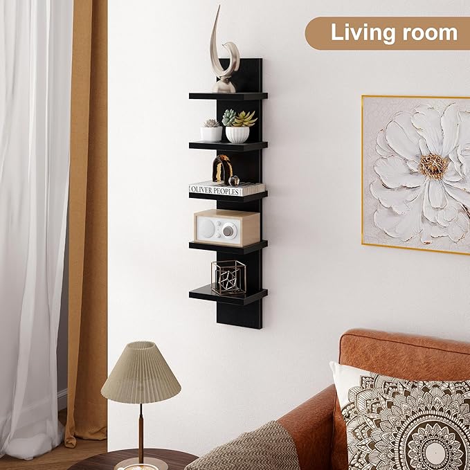 Fun Memories 5 Tier Wall Shelf Unit, Decorative Wall Mount Vertical Shelving, Floating Storage Home Decor Organizer Tall Tower Design Utility Shelving Bedroom Living Room, Black