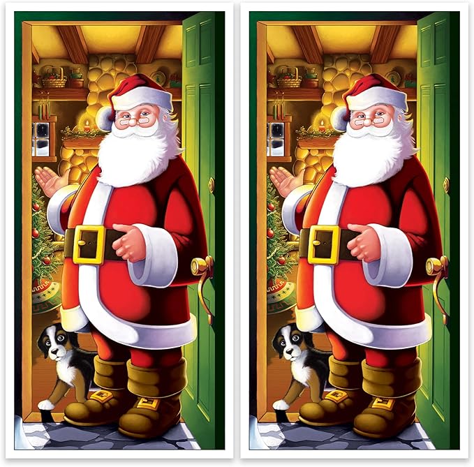 Beistle Santa Claus Door Covers, 5’ x 30”, 2 Pieces – Plastic for Indoor & Outdoor Use, St Nick Print – Easily Display – Christmas Party Decorations & Holiday Decor