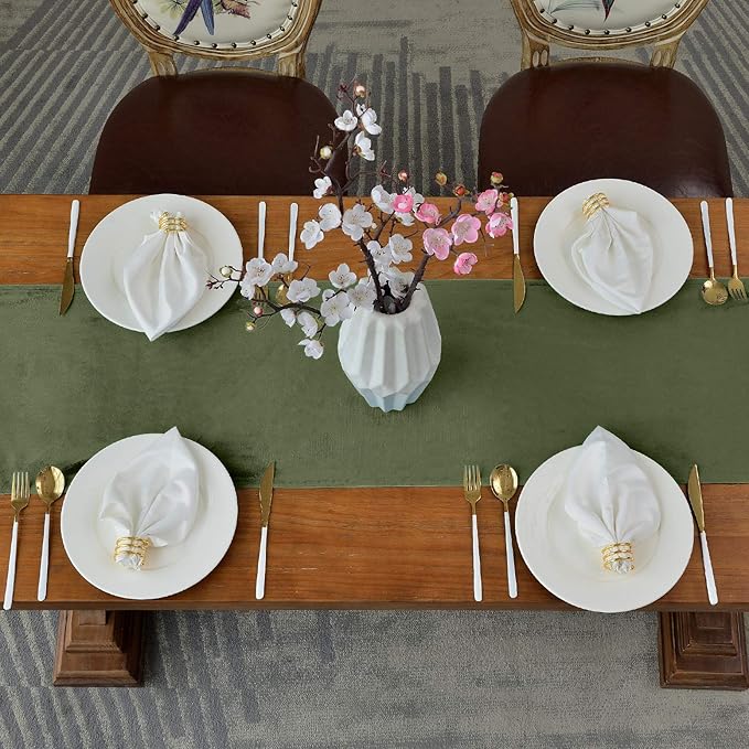 BALCONY & FALCON Velvet Table Runner 14"x118" Olive Luxury Machine Washable Farmhouse Vintage Runner for Table Dining, Party, Wedding, Birthday, Easter, Thanksgiving & Christmas & Home Décor