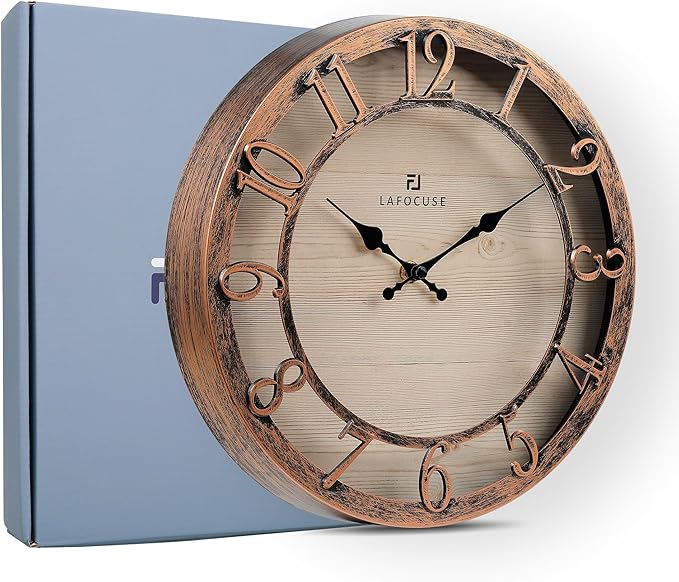 Lafocuse 12 Inch Silent Brown Wall Clocks Battery Operated, Farmhouse Wall Clock Analog for Kitchen Living Room, Rustic Home Décor