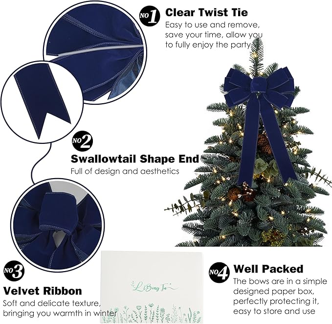 13" Navy Blue Velvet Christmas Tree Topper Bow, Premade for Wreaths, Gift Bows, Home Decor