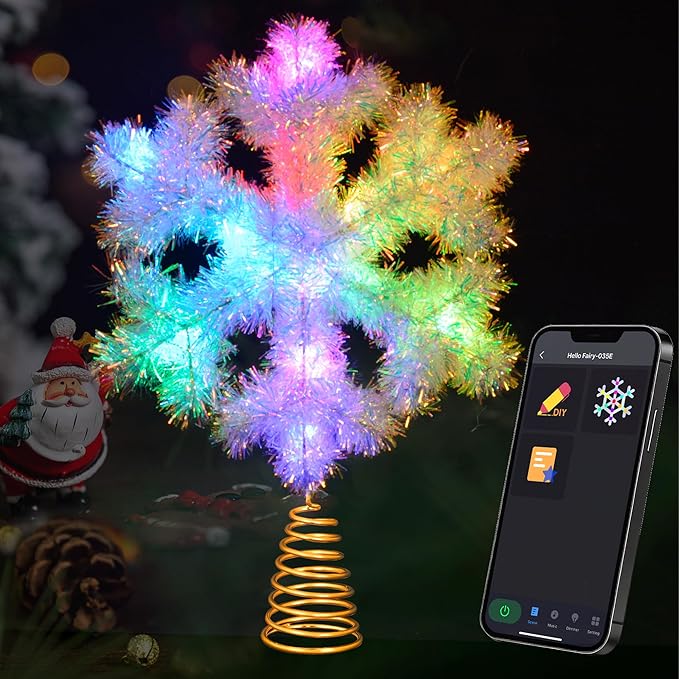 Smart Snowflake Christmas Tree Topper, 8 Inch Rainbow Lacquer Finish with RGB Color Changing, Static & Dynamic Modes, 12 LEDs, USB Powered for Xmas Tree Decorations