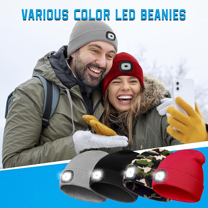 Christmas Stocking Stuffers for Men Adults, Beanie Hats with Light, USB Rechargeable LED Hand Free Headlamp, Birthday Gifts for Men, Women, and Teens, Ideal for Camping, Hiking, 2 Pack, Red