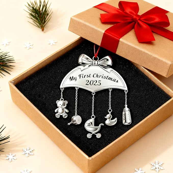 Baby's First Christmas Ornament 2025 My 1st Christmas Mobile Ornament for Girls Boys Newborn Gifts Decor New Baby Keepsake with Hanging Bear Duck Carriage Rattle Pacifier Bottle