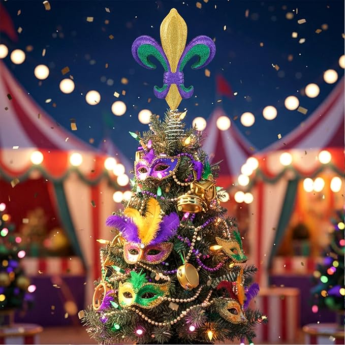 Gejoy 13 Inch Mardi Gras Tree Topper Glitter Purple Gold Green Tree Topper Fleur-de-lis Carnival Ornaments for Mardi Gras Carnival Party Holiday Decor Gifts