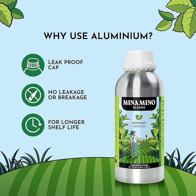16 fl oz - Peppermint Essential Oil (100% Pure & Natural) Large Aluminum Bottle for Aromatherapy, Diffuser, Candle & Soap Making - Minamino Blends