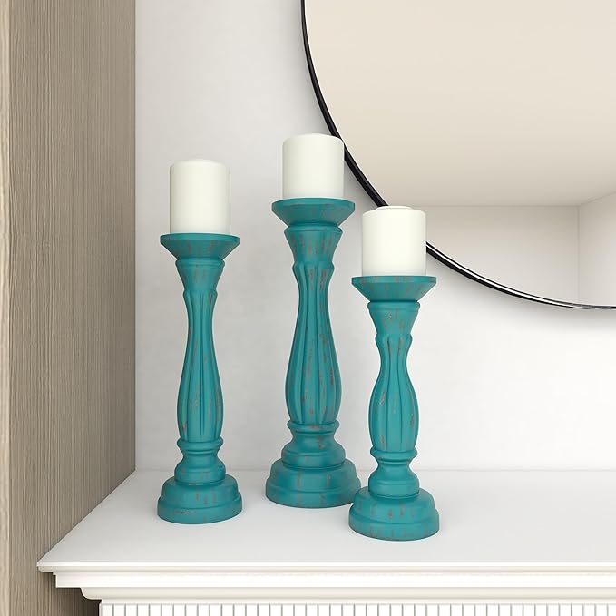 Deco 79 Wooden Decorative Candle Holder Distressed Candle Stand, Set of 3 Candlestick Holder 15", 13", 11"H, Blue
