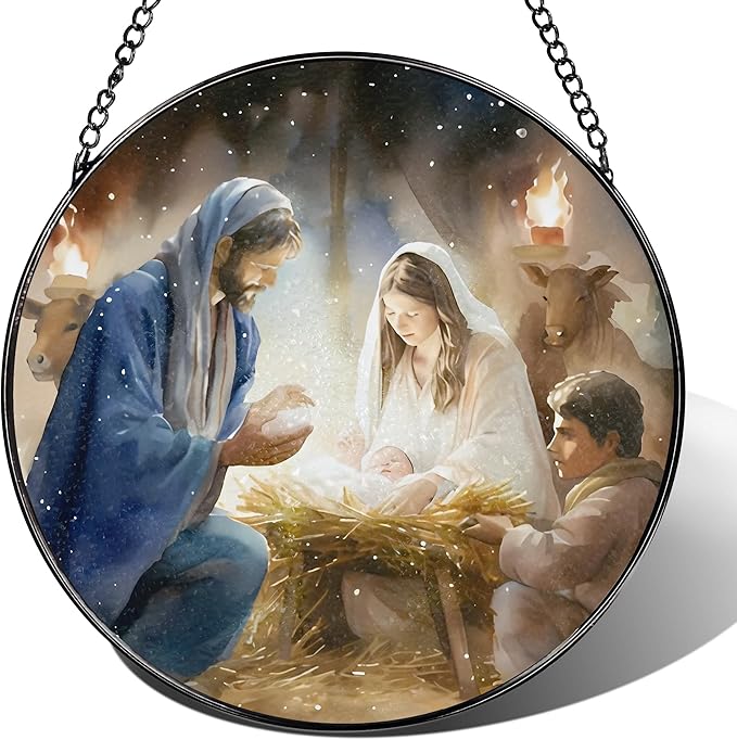 Stained Glass Suncatcher, Nativity Scene Sun Catcher Ornament; Stained Glass Window Hanging, Christmas Ornament, Christian Home Decor, Nativity Decor; Christian Gifts, Religious Gifts