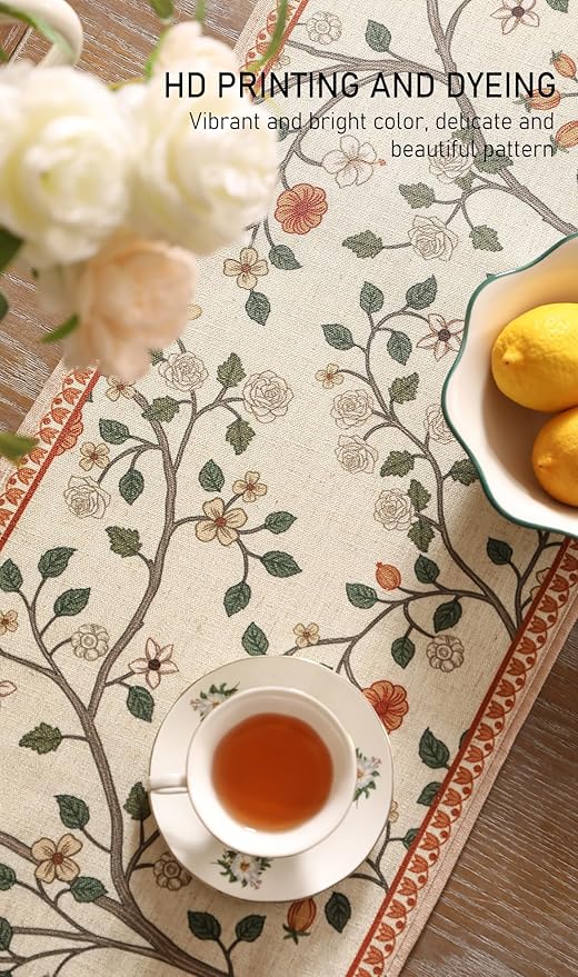 ISAENNE Designer Elegant Linen Floral Table Runner 102 Inches Long,Farmhouse Light Beige Durable Decor Table Runners for Dining Tables,Thanksgiving,Kitchen Tables,Christmas,12"*102"-Flora A