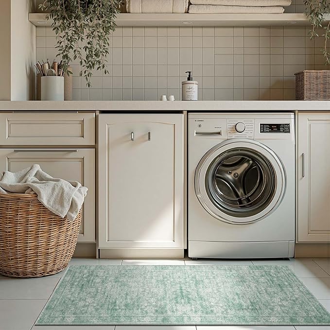 jinchan Runner Rug 2x5 Green Kitchen Rug Hallway Runner - Machine Washable Vintage Floral Non-Slip Low Pile Soft Ultra-Thin Distressed Carpet for Entryway Farmhouse Bedroom Laundry Room (2’x5’, Green)