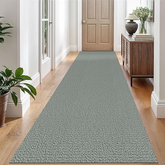 EARTHALL Washable Runner Rug 3x10 Ft Non Slip Runners for Hallways Long Cotton Rubber Backed Kitchen Runner Braided Indoor Floor Carpet Runners for Entryway, Hallway, Kitchen, Green/Grey