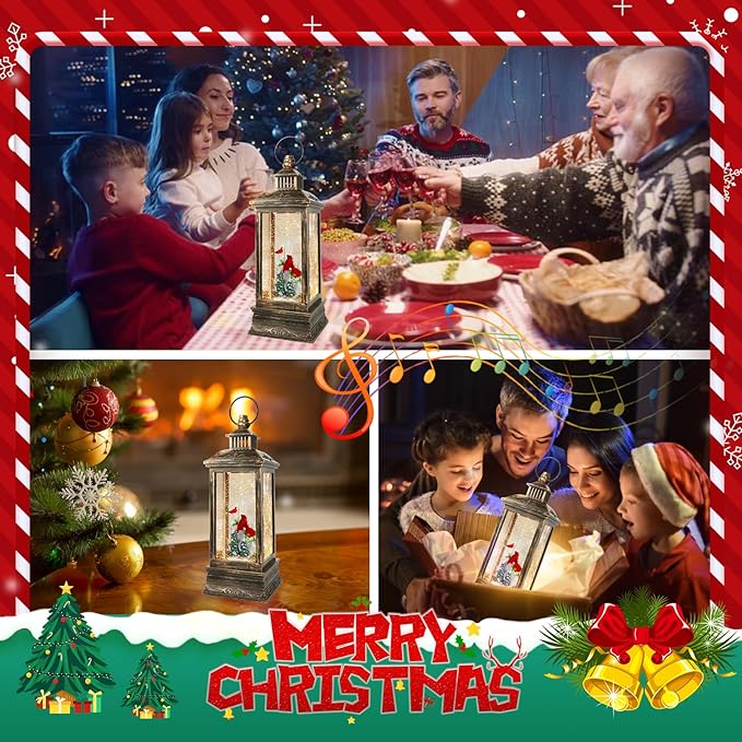 Christmas Cardinal Snow Globe 12.5In High, Musical Cardinal Lantern with 6 Hour Timer and Batteries Powered Retro Style Holiday Glitter Globe for Xmas Indoor Decoration and Santa Gifts