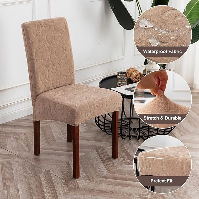 Genina Waterproof Dining Room Chair Covers Stretch Parsons Chair Slipcovers for Dining Room Kitchen Chair Protector Cover, Removable, Washable (6 Large, Flower Pattern-Khaki)
