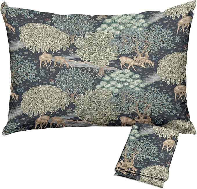 Forest Deer Pillow Protectors with Zipper Standard Size William Morris Pillow Covers Set of 2 Rustic Nature Botanical Pillow Cases Vintage Green Tree Animal Bed Pillow Covers 20"x36"