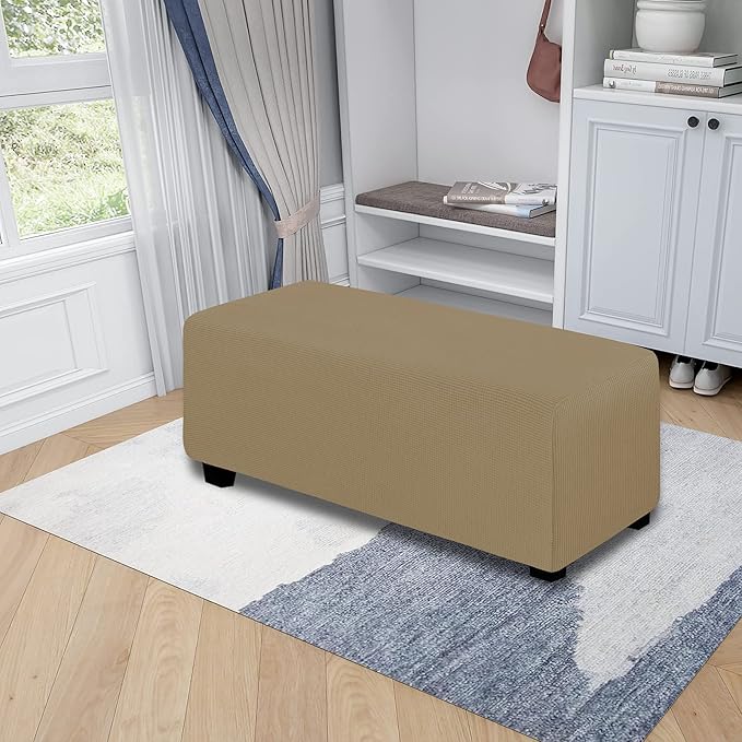Easy-Going Stretch Ottoman Cover Folding Storage Stool Furniture Protector Soft Rectangle slipcover with Elastic Bottom(Ottoman X-Large,Tan)