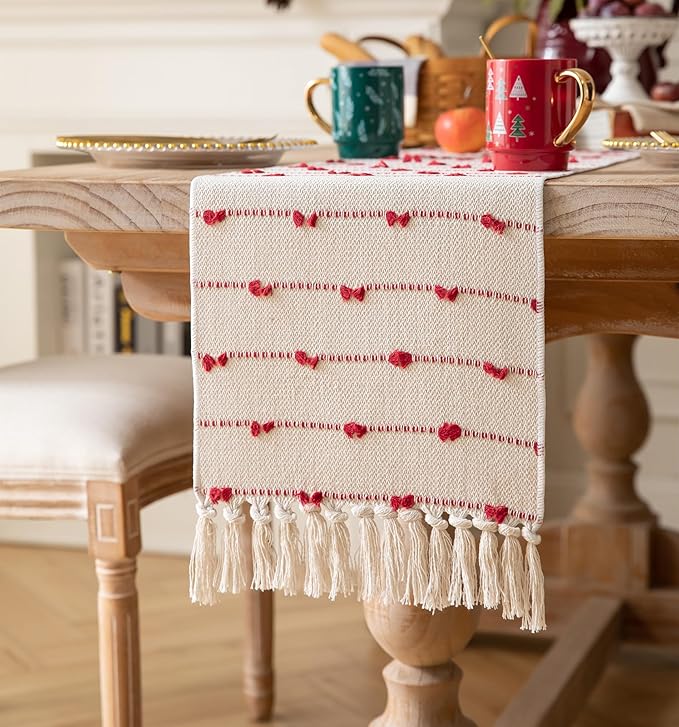 Caflife Christmas Table Runner 60 Inchs Long for Modern Farmhouse Room Home Christmas Decorations, Boho Red Table Runner, Natural Cotton Woven with Tassels for Holiday Kitchen and Dining Table Decor