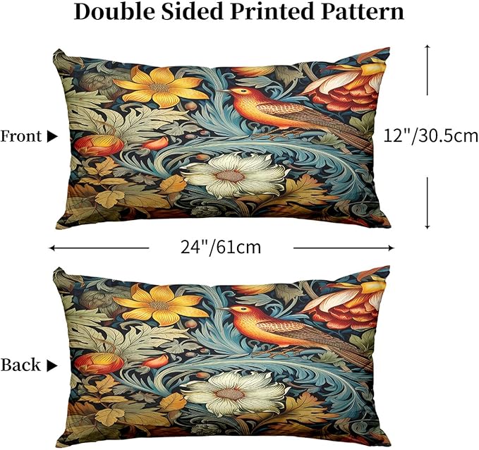 William Morris Pillow Protectors with Zipper Standard Size Vintage Bird Floral Print Pillow Covers Set of 2 Moody Botanical Dark Academia Pillowcases Mid Century Bed Pillow Covers 24"X12"