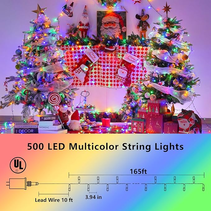 YEGUO Christmas Lights, 165ft 500 LED String Light Multicolor, Green Wire Twinkle Lights for Tree Plug in Indoor Outdoor