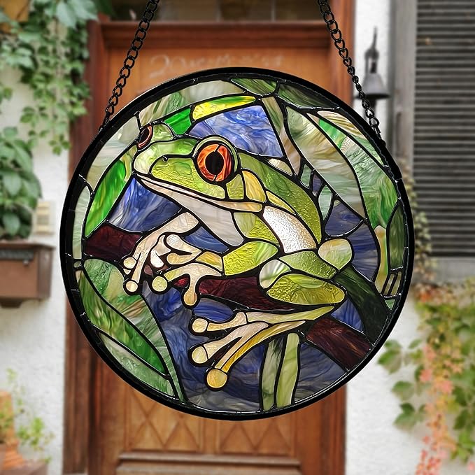 Stained Glass Window Hanging, Teal Frog Sun Catcher for Door Home Decor Green Suncatcher Christmas Mother's Day Birthday Gifts for Women Men Mom and Nana 15 in