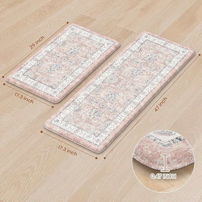 KIMODE Anti Fatigue Mats for Kitchen Floor, Boho Floral Kitchen Rugs Sets of 2, Cushioned Kitchen Floor Mats, Comfort Standing Desk Mat for Sink, Laundry, Desk Pink Multi 17"x29.5"+17" x47”
