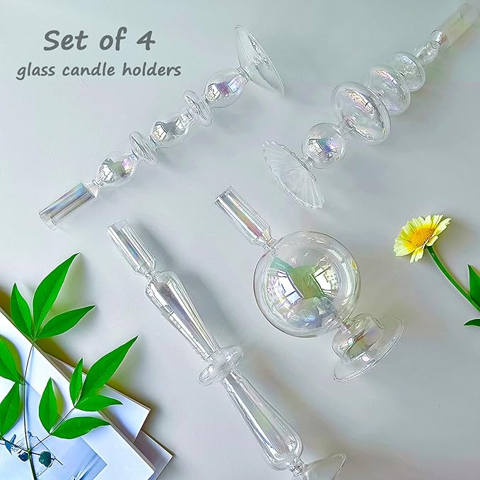 Candle Stick Candle Holder, Glass Candle Holders for Table Centerpiece, Modern Style Iridescent Candle Holder Mixed 4pcs