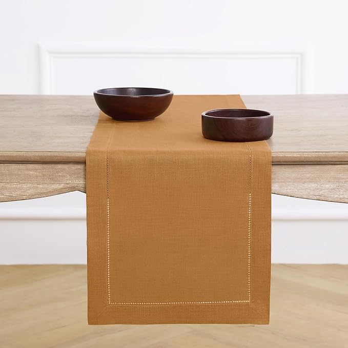 Solino Home Linen Brown Sugar Table Runner 90 Inches Long - 100% Pure Linen 14 x 90 Inch Table Runner - Classic Hemstitch