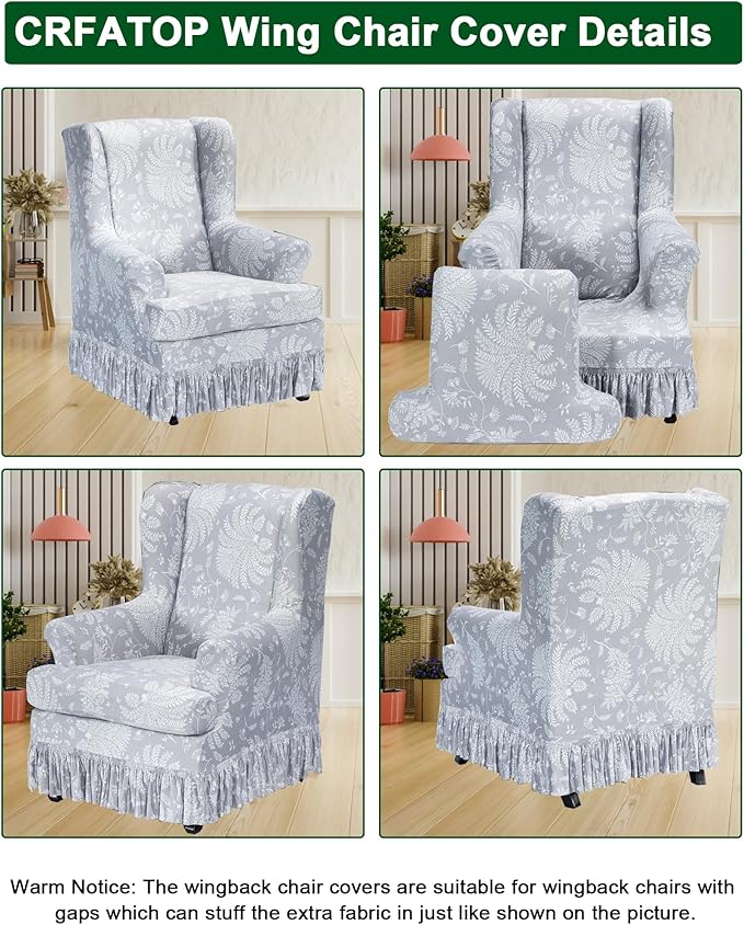 CRFATOP 2 Piece Stretch Wingback Chair Cover with Skirt Printed Wing Chair Slipcovers Spandex Fabric Wingback Armchair Covers with Cushion Slipcover for Living Room Bedroom Wingback Chair,C05