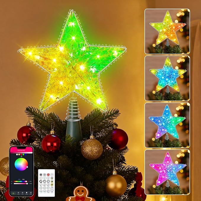 Christmas Tree Star Topper, LED Tree Decorations, UL Certified Colorful Star Tree Topper Lights for Home Garden USB Plug in Xmas Tree New Year Holiday, APP and Remote Control, DIY Dimmer(Silver)