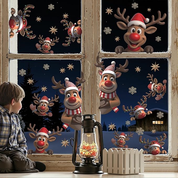 Christmas Window Clings Reindeer, Xmas Elk Wall Decals, Christmas Reindeer Wall Stickers, Xmas Snowflake Window Stickers, Xmas Elk Wallpaper for Party Class Home Living Room Bedroom