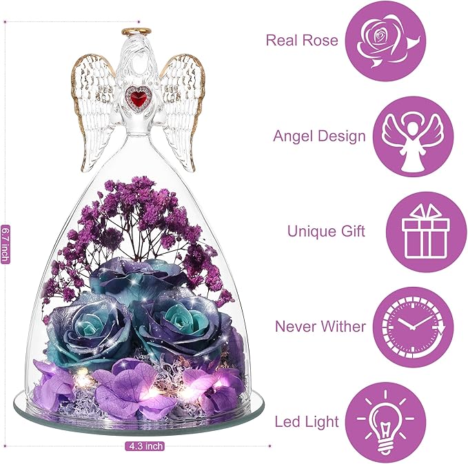 Mothers Day Rose Gifts for Women, Large Angel Figurines with Real Roses, Preserved Real Flower Rose for Her, Glittery Blue Purple