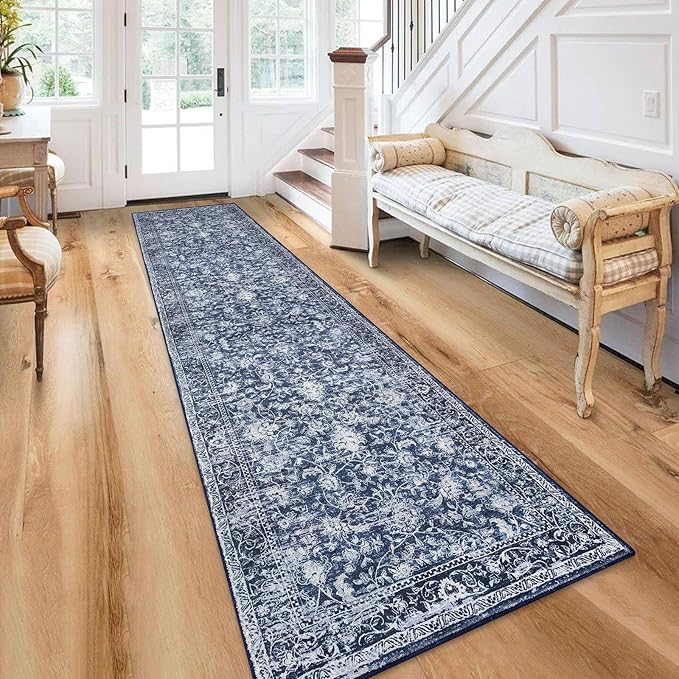 KILOCOCO Runner for Hallway 2.6x12 Runner Rug Printed Vintage Floral Washable Rug Kitchen Runners Soft Non-Slip Low Pile Hallway Runners Laundry Room Distressed Boho Rugs, Blue