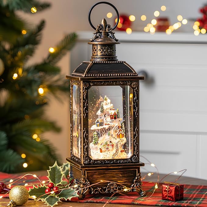 Christmas Village Buildings Snow Globe Lantern Water Glittering Snowman Family with Music & Timer, USB Lined/Battery Operated Lighted Lantern for Christmas Festival Decoration Gifts