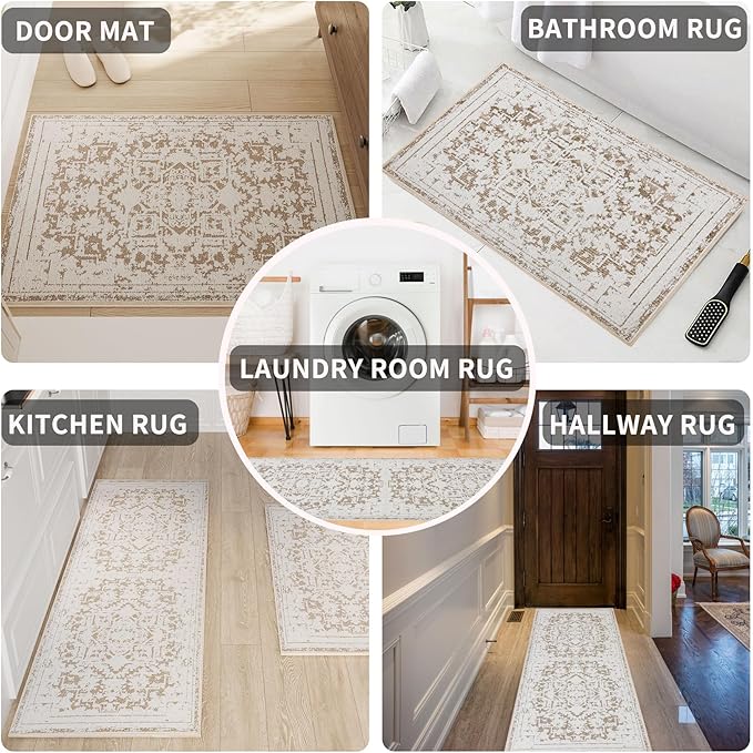 Vintage Runner Rug Non Slip for Hallway Bathroom Kitchen 2x8 ft, Ultra Soft Boho Carpet Runner with Low Pile Design Machine Washable Runner Rugs for Entryway Laundry Living Room (Khaki)