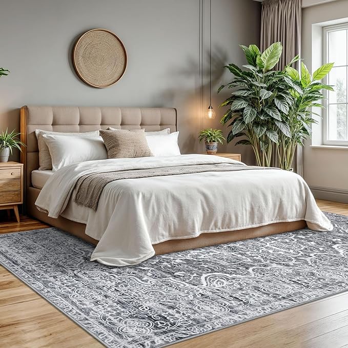 KUTA Vintage Area Rugs for Living Room 8x10 Grey Blue White, Washable Large Rug for Bedroom 8ft x 10ft Non-Slip, Ultra Soft Printed Floral Dining Room Low-Pile Carpet