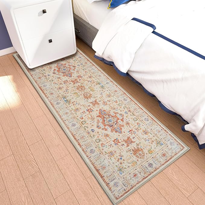 Runner Rug with Non Slip Rubber Backing, Washable Soft Floor Carpet for Kitchen, Hallway, Entryway Indoor, Bedroom, Laundry, Low Pile Area Rugs, Geometric Floral, Yellow Pattern, 2' * 6'