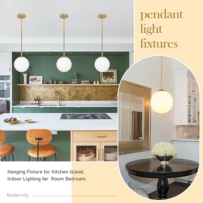 6" Globe Pendant Light Gold Mid Century Pendant Light Globe Pendant Lights Kitchen Island Brushed Brass Finished with Milk Glass Lampshade Adjustable Ceiling Light Fixtures for Kitchen