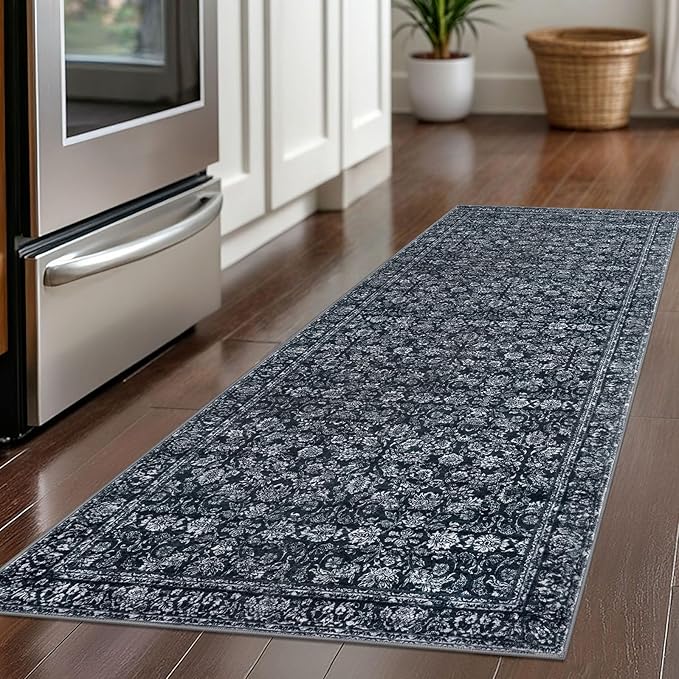 2x5 Washable Runner Rug Black Small Area Rugs for Entryway, Soft Non-Slip Indoor Door Mat Distressed Floral Low-Pile Neutral Vintage Carpet for Entrance Kitchen Bedside Farmhouse