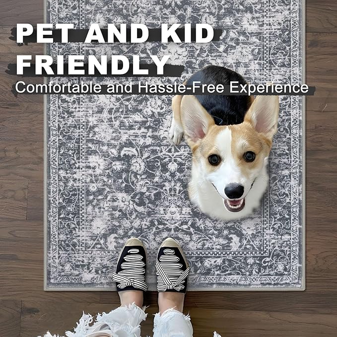 KILOCOCO Hallway Runner 2x7 Rug Runner Printed Vintage Floral Washable Kitchen Runners Non-Slip Rubber Backed Runners for Hallways Laundry Room Distressed Boho Rugs for Entryway Bedroom, Grey