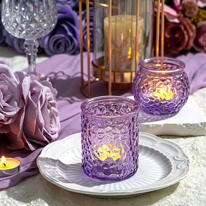24-Piece Purple Glass Votive Candle Holders Set – Tealight Candle Holder Glass Bulk with 12 Round & 12 Hammered Textured Cups, Purple Votive Candle Holders for Weddings, Parties, Home