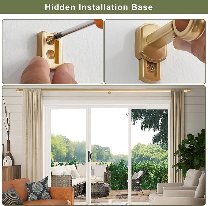 1 1/8 Inch Diameter Curtain Rods 36 to 72 Inches(3-6ft), Telescoping Heavy Duty Large Drapery Rod with Adjustable Aluminum Alloy Bracket, Solid End Caps for Windows Patio Decoration, Brushed Gold