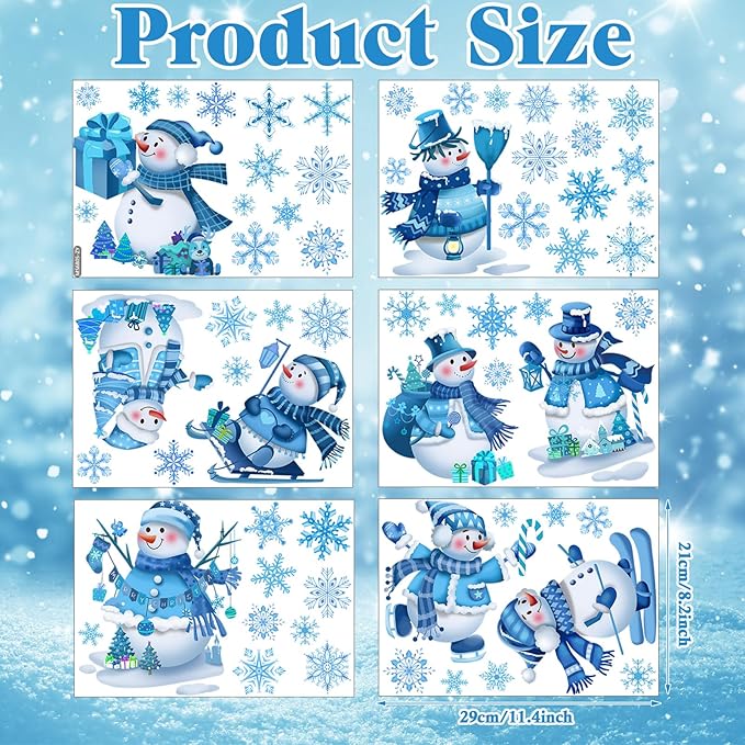 Eersida 65 Pcs Large Winter Wall Decals 6 Sheets Snowman Window Clings Christmas Removable Wall Stickers Blue and White Snowflake Decoration for Home Bedroom Living Room New Year Party Supplies
