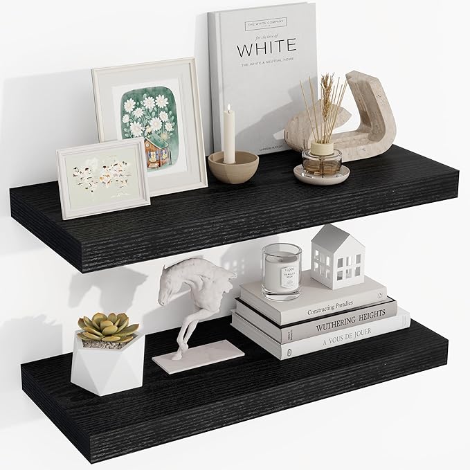 24 Inch Floating Shelves, 24"x9.25"x1.5" Inch Deep Floating Shelves for Wall, Wooden Shelves for Bathroom, Bedroom, Living Room, Black, 2 Pieces