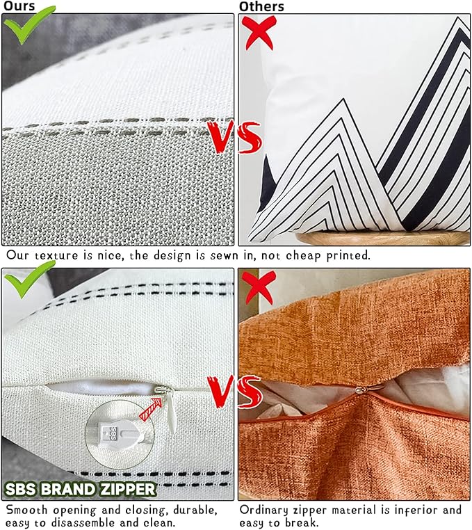 AmHoo Pack of 2 Farmhouse Stripe Check Throw Pillow Covers Set Case Cotton Linen Decorative Pillowcases Cushion Cover for Couch Bench Sofa 12x20Inch Cream