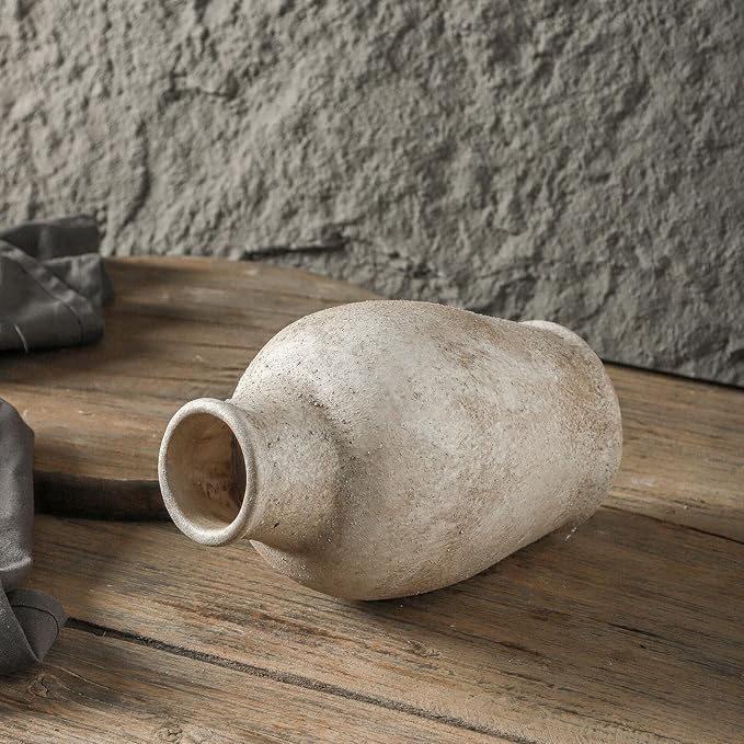 Handmade Rustic-Style Ceramic Decorative vase, Dimensions 8.3 x 5.5 inches, Featuring Distressed Gray and Terracotta hues, Suitable for Rustic, Country, and Various Decor Styles.